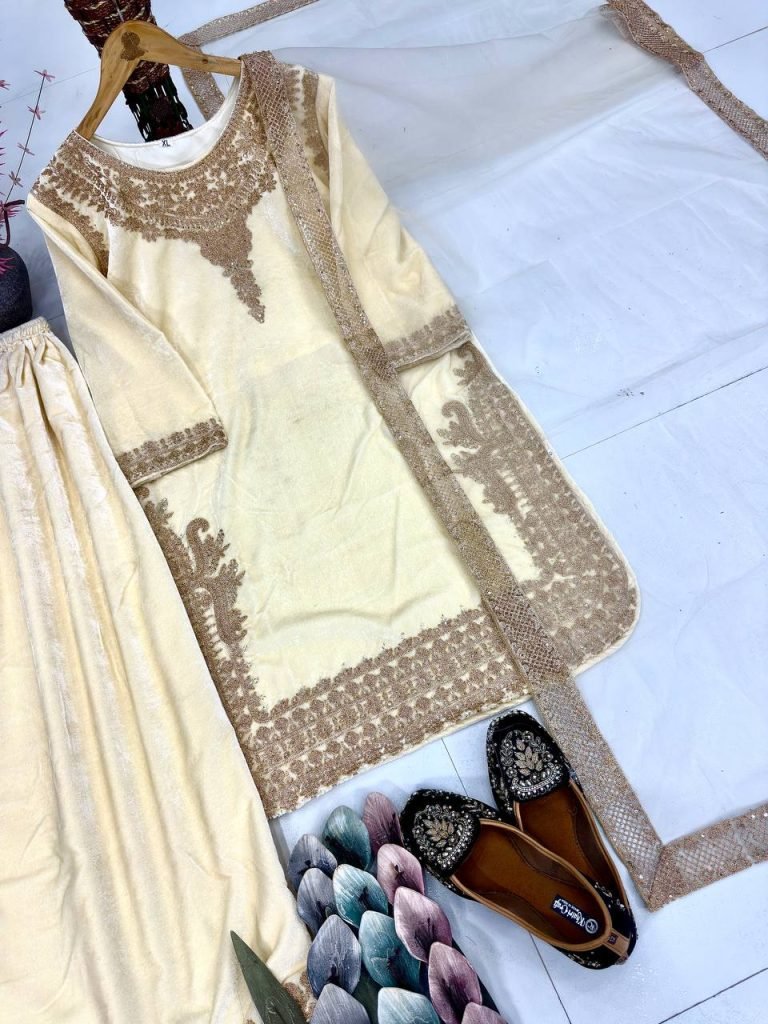 Heirloom Cream Embroidered Viscose Velvet Top with Umbrella Cut Palazzo and Soft Net Dupatta
