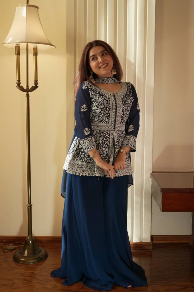 Navy blue Embroidered Georgette Peplum Top Plazzo Set with Dupatta