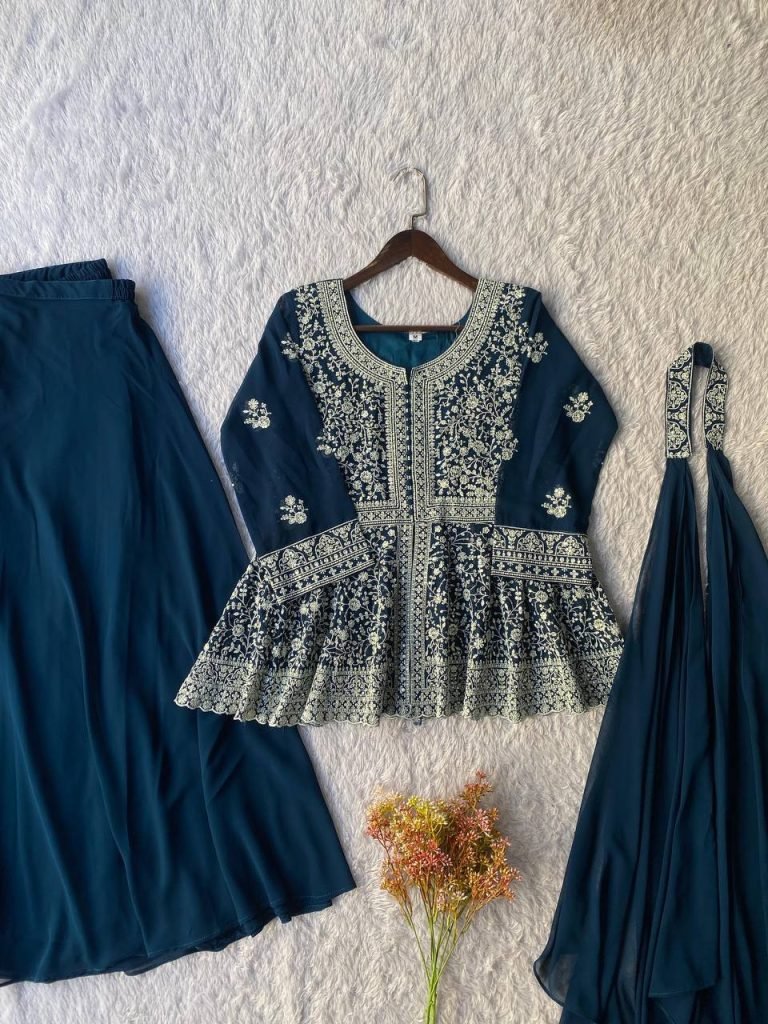 Navy blue Embroidered Georgette Peplum Top Plazzo Set with Dupatta