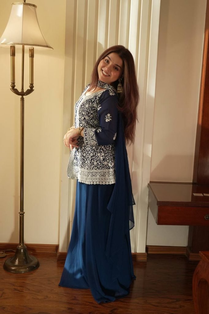 Navy blue Embroidered Georgette Peplum Top Plazzo Set with Dupatta