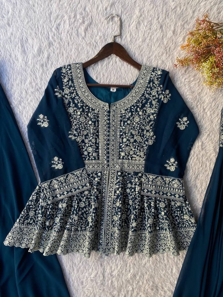 Navy blue Embroidered Georgette Peplum Top Plazzo Set with Dupatta