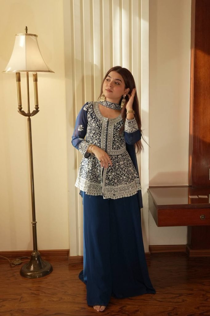 Navy blue Embroidered Georgette Peplum Top Plazzo Set with Dupatta