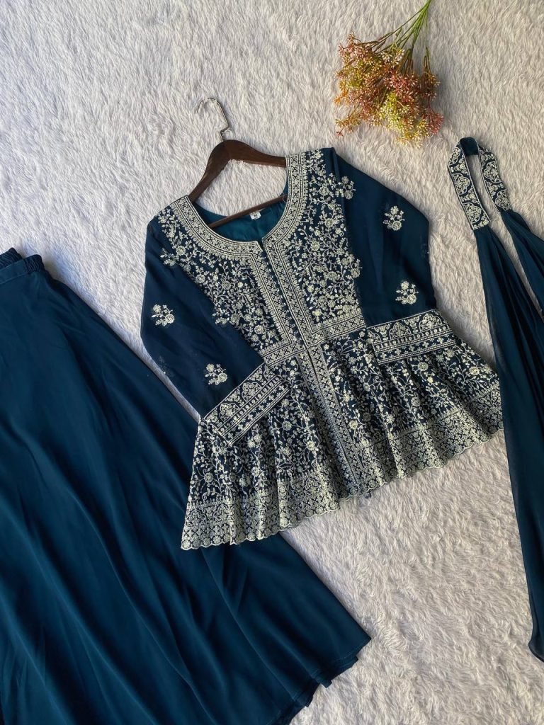 Navy blue Embroidered Georgette Peplum Top Plazzo Set with Dupatta