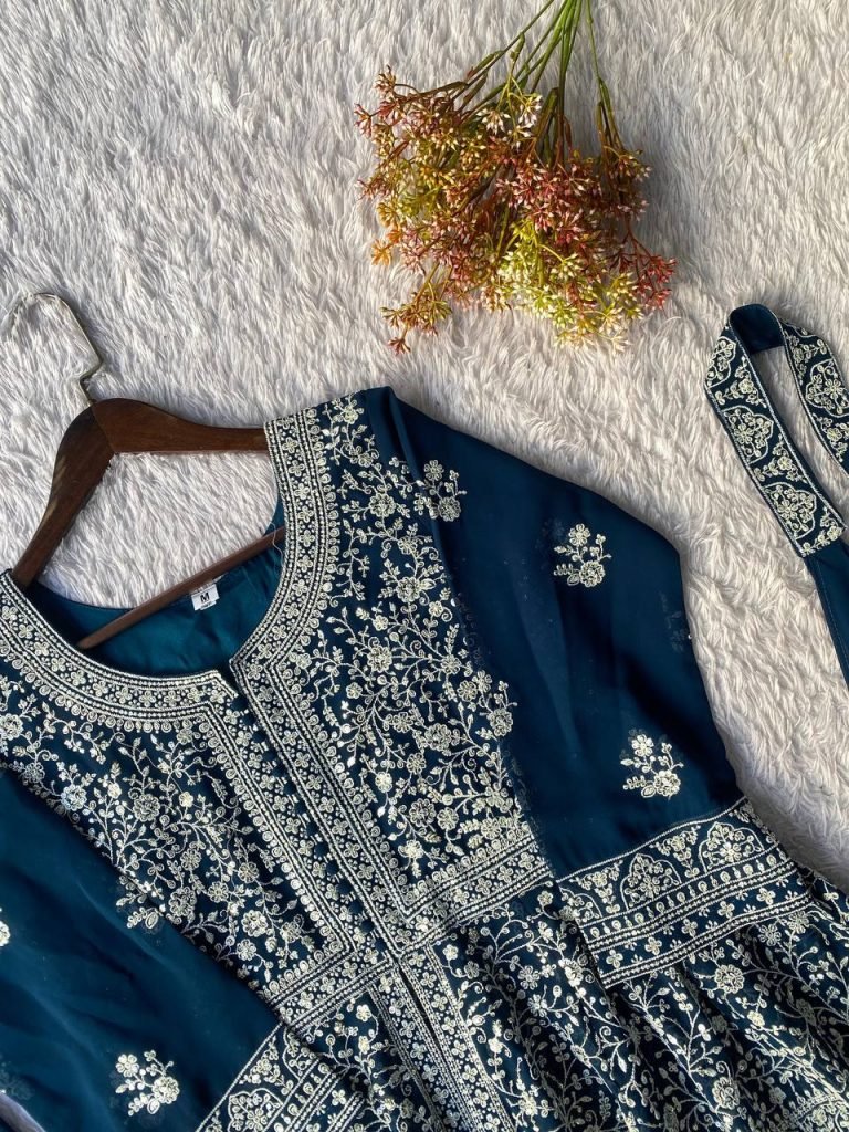 Navy blue Embroidered Georgette Peplum Top Plazzo Set with Dupatta