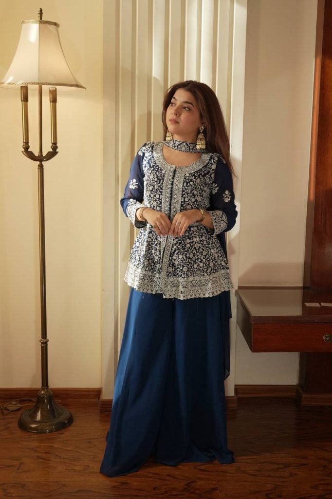 Navy blue Embroidered Georgette Peplum Top Plazzo Set with Dupatta