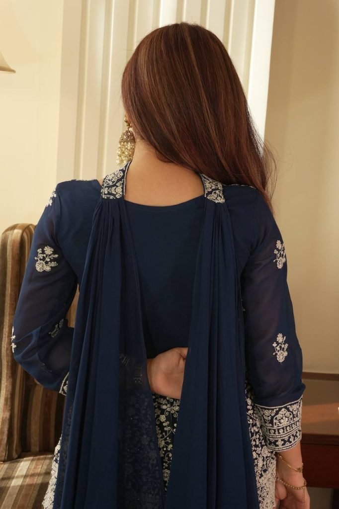 Navy blue Embroidered Georgette Peplum Top Plazzo Set with Dupatta