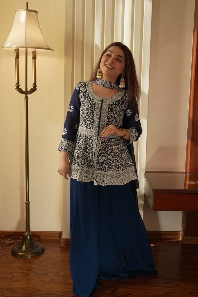 Navy blue Embroidered Georgette Peplum Top Plazzo Set with Dupatta