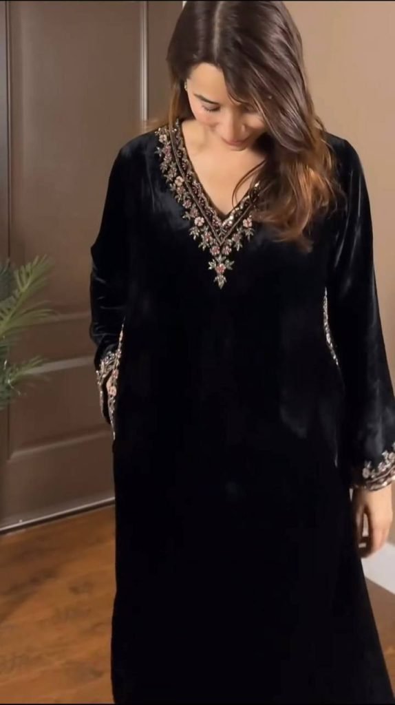 Black Viscose Velvet Thread and Sequence Work Top Pant Set