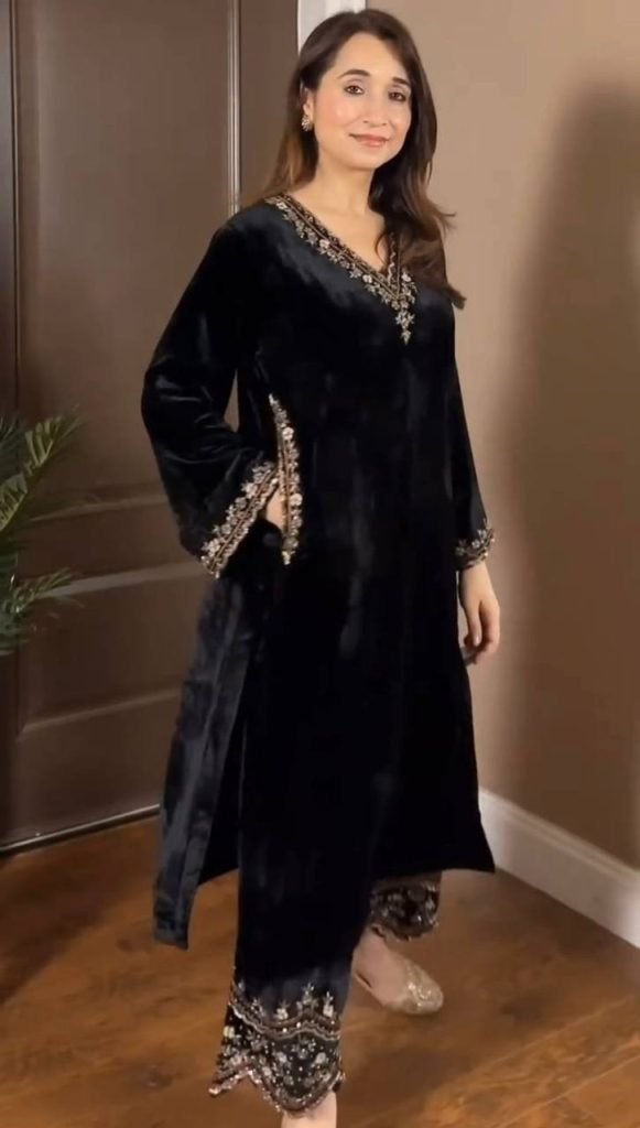 Black Viscose Velvet Thread and Sequence Work Top Pant Set