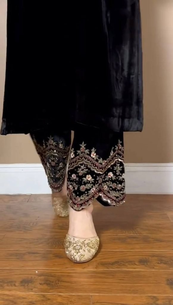 Black Viscose Velvet Thread and Sequence Work Top Pant Set