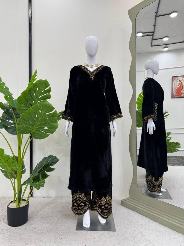 Black Viscose Velvet Thread and Sequence Work Top Pant Set