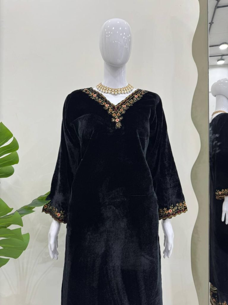 Black Viscose Velvet Thread and Sequence Work Top Pant Set