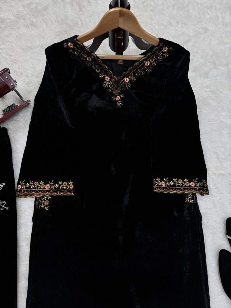 Black Viscose Velvet Thread and Sequence Work Top Pant Set