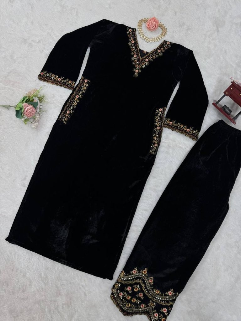 Black Viscose Velvet Thread and Sequence Work Top Pant Set