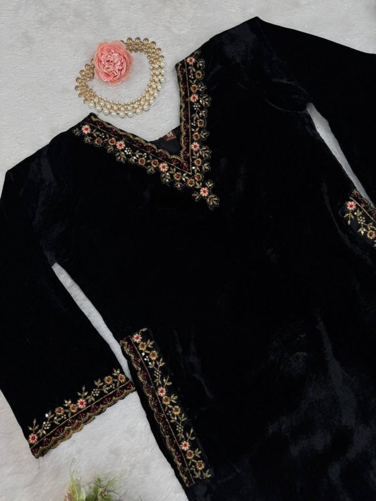Black Viscose Velvet Thread and Sequence Work Top Pant Set