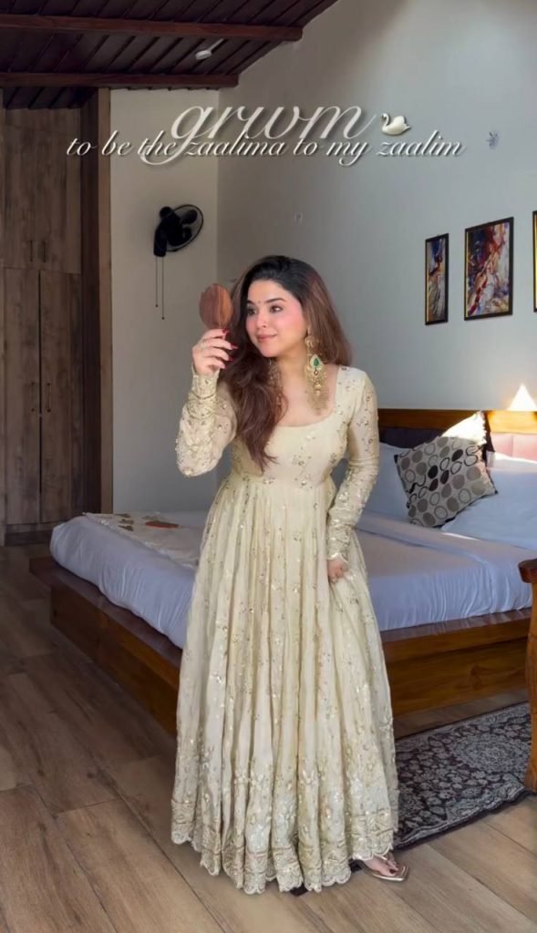 Cream Crunchy Silk Embroidered Gown with Pant and Lace Border Dupatta Set