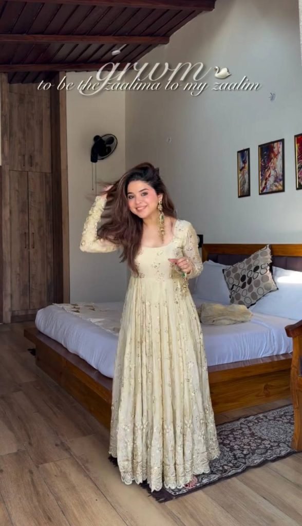Cream Crunchy Silk Embroidered Gown with Pant and Lace Border Dupatta Set
