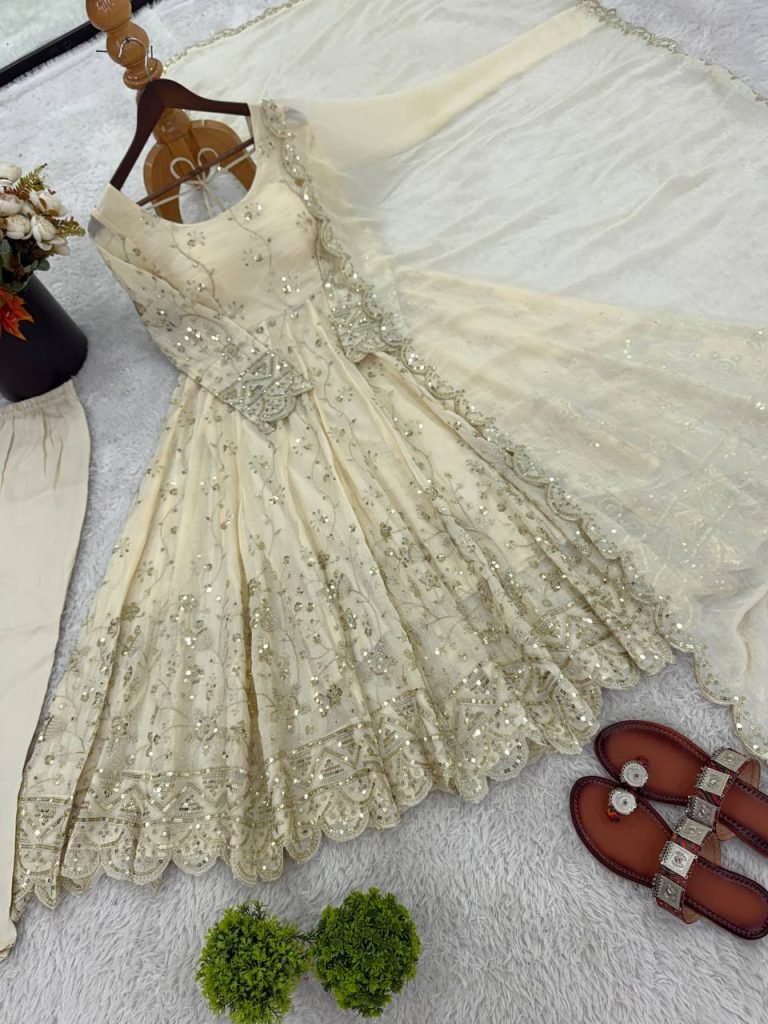 Cream Crunchy Silk Embroidered Gown with Pant and Lace Border Dupatta Set