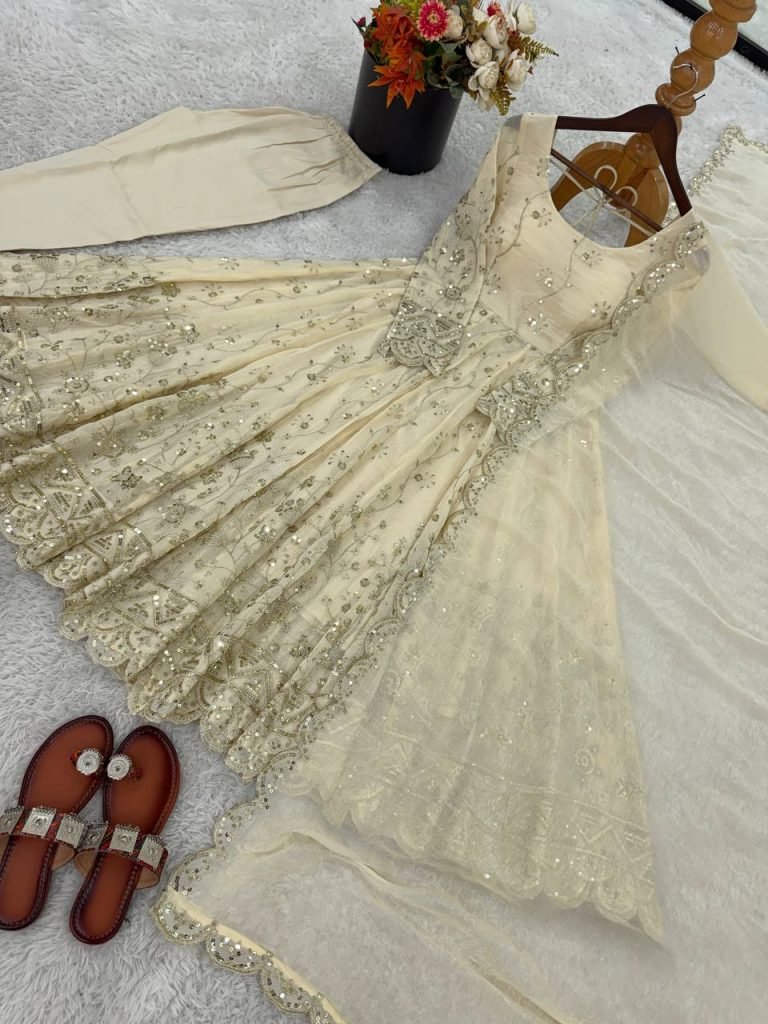 Cream Crunchy Silk Embroidered Gown with Pant and Lace Border Dupatta Set