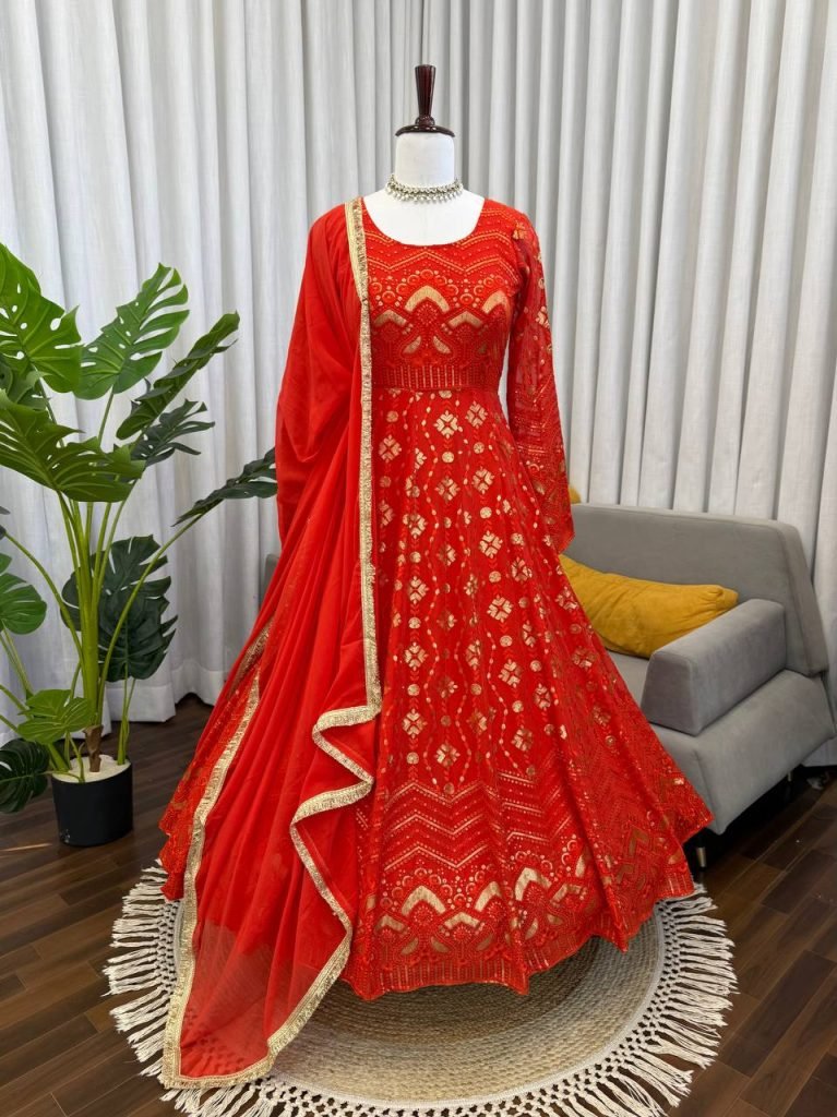 Red color Heavy Faux Georgette Thread and Sequence Work Gown with Pant and Lace Dupatta Set