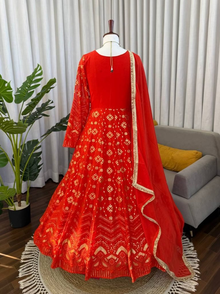 Red color Heavy Faux Georgette Thread and Sequence Work Gown with Pant and Lace Dupatta Set