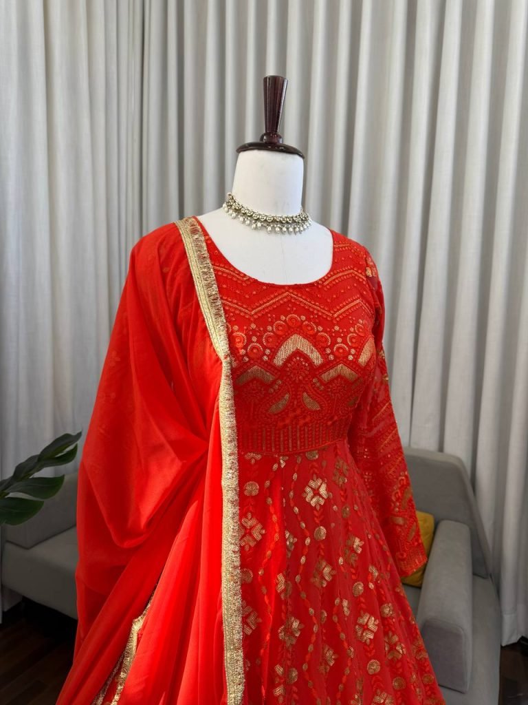 Red color Heavy Faux Georgette Thread and Sequence Work Gown with Pant and Lace Dupatta Set