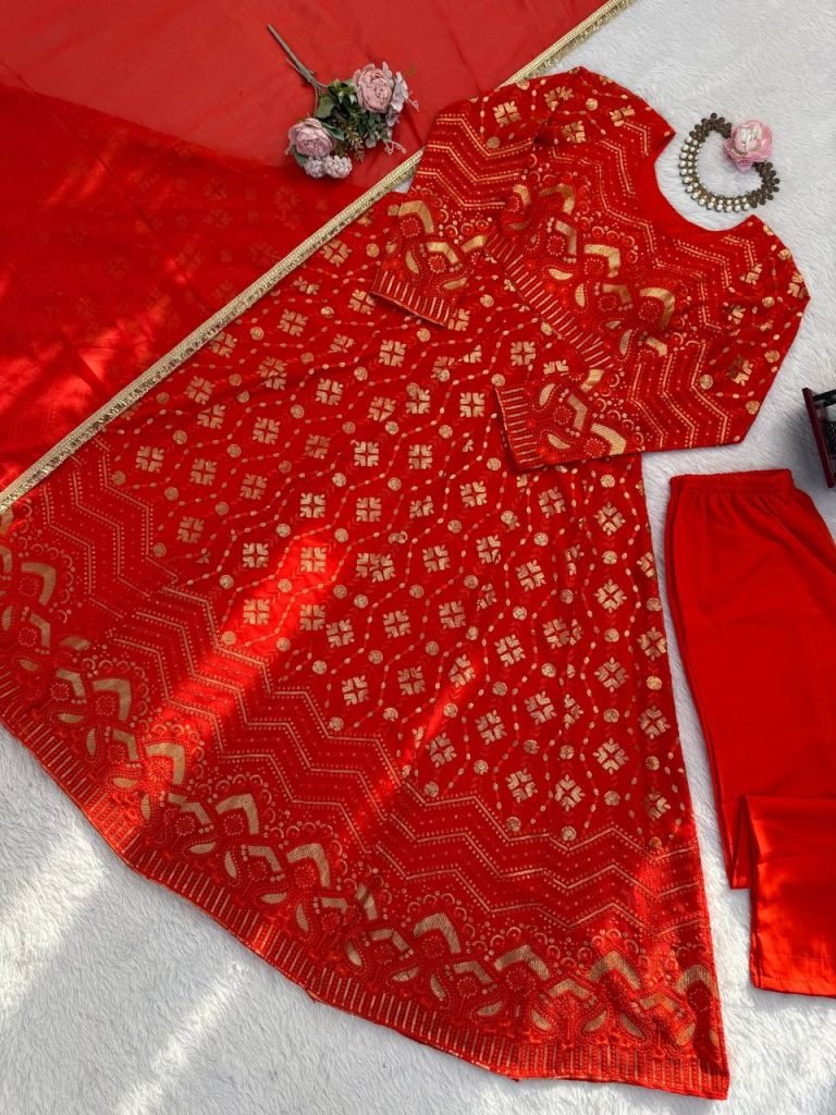 Red color Heavy Faux Georgette Thread and Sequence Work Gown with Pant and Lace Dupatta Set