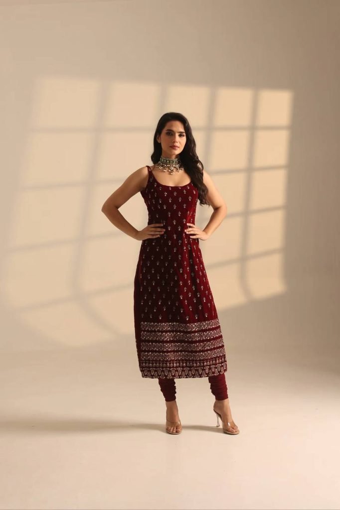 Maroon Roman Glass Thread and Sequence Work Top Pant Set with Organza Silk Dupatta