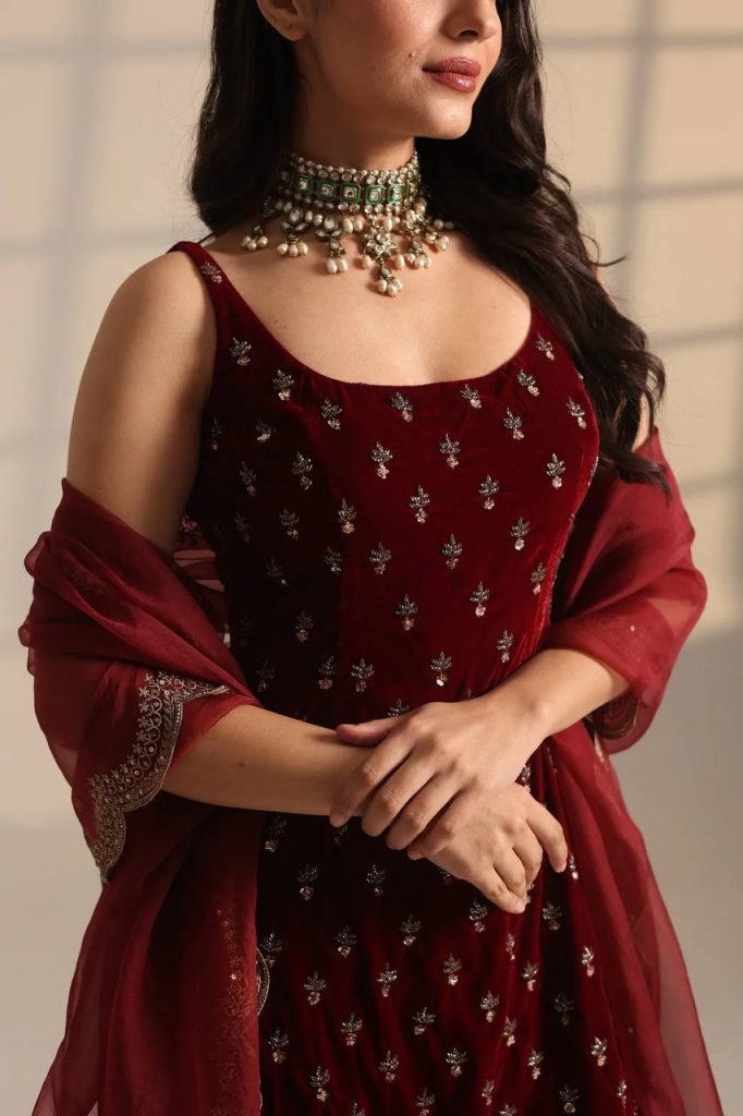 Maroon Roman Glass Thread and Sequence Work Top Pant Set with Organza Silk Dupatta