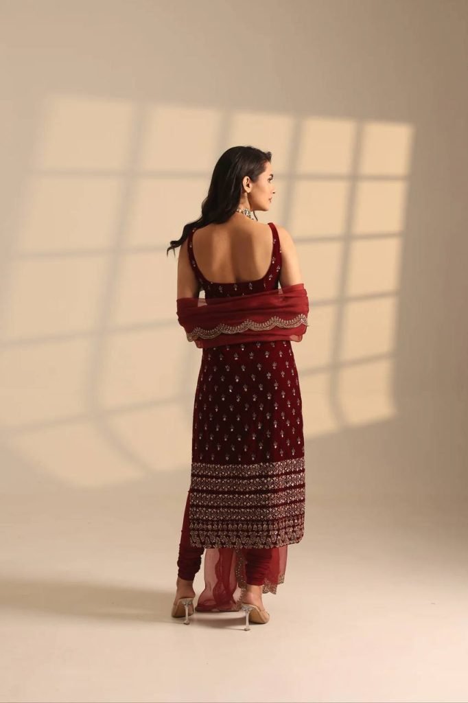 Maroon Roman Glass Thread and Sequence Work Top Pant Set with Organza Silk Dupatta