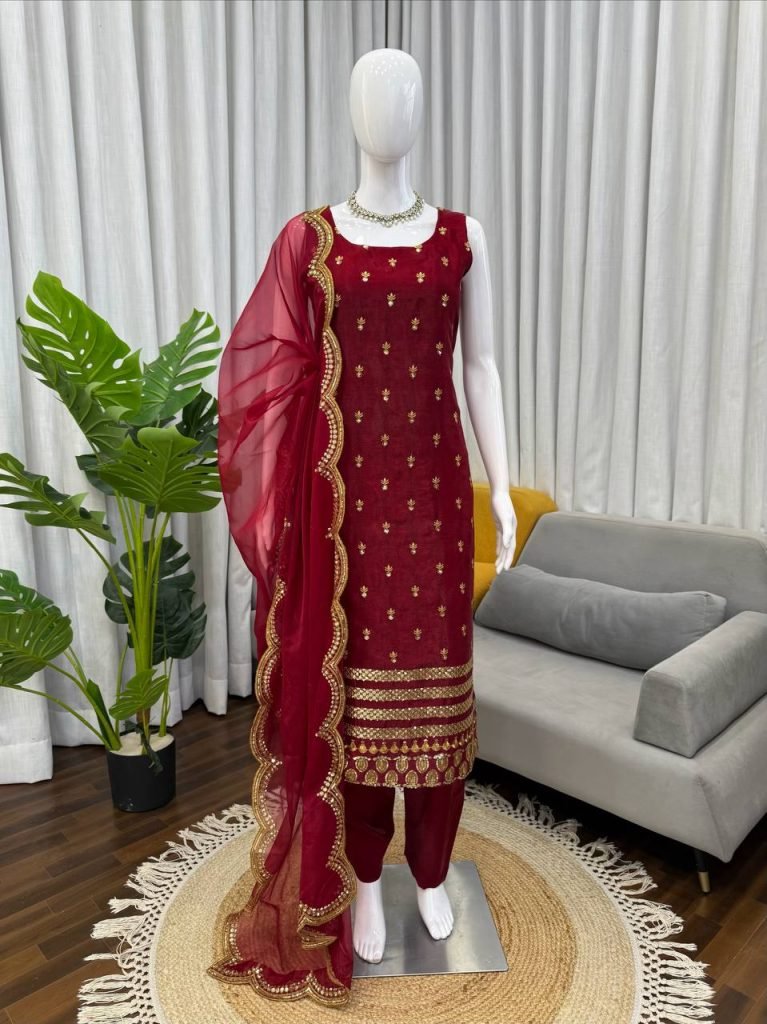Maroon Roman Glass Thread and Sequence Work Top Pant Set with Organza Silk Dupatta