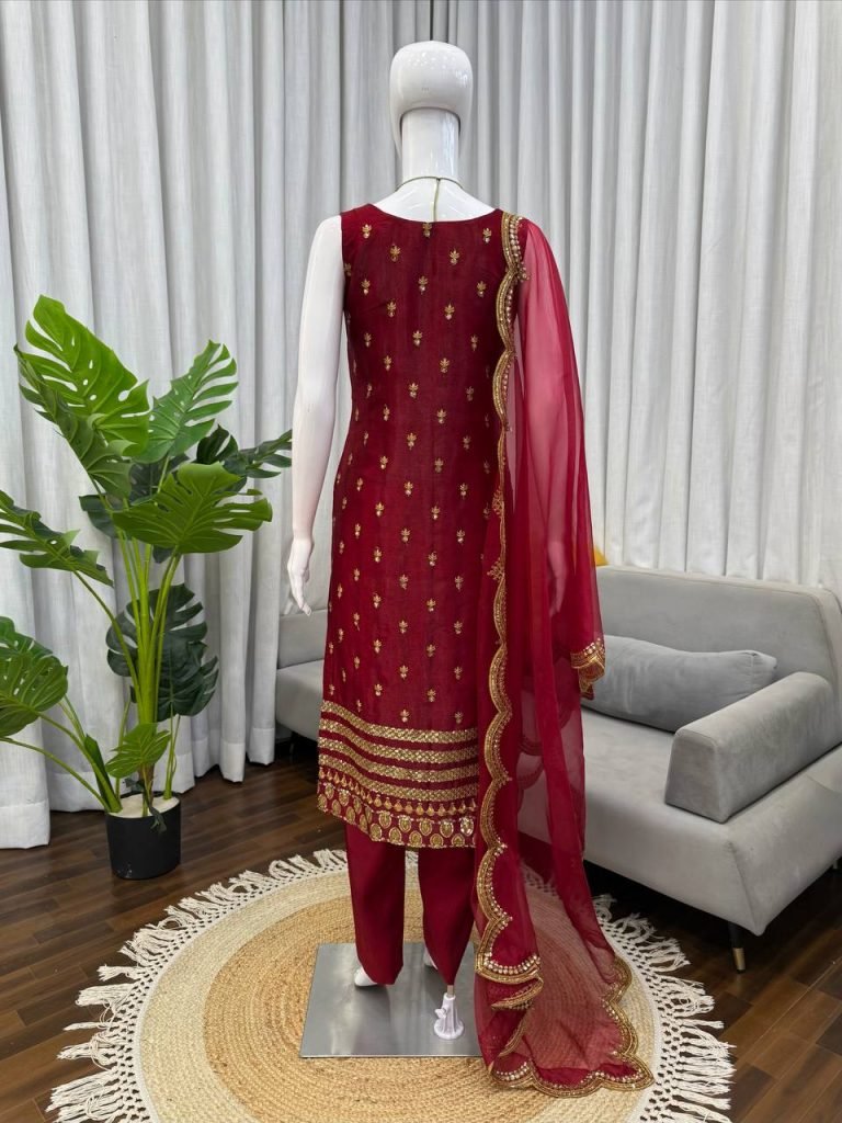 Maroon Roman Glass Thread and Sequence Work Top Pant Set with Organza Silk Dupatta
