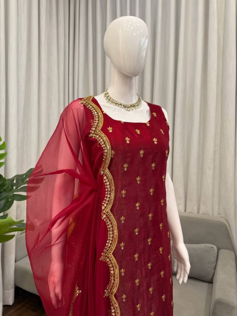 Maroon Roman Glass Thread and Sequence Work Top Pant Set with Organza Silk Dupatta