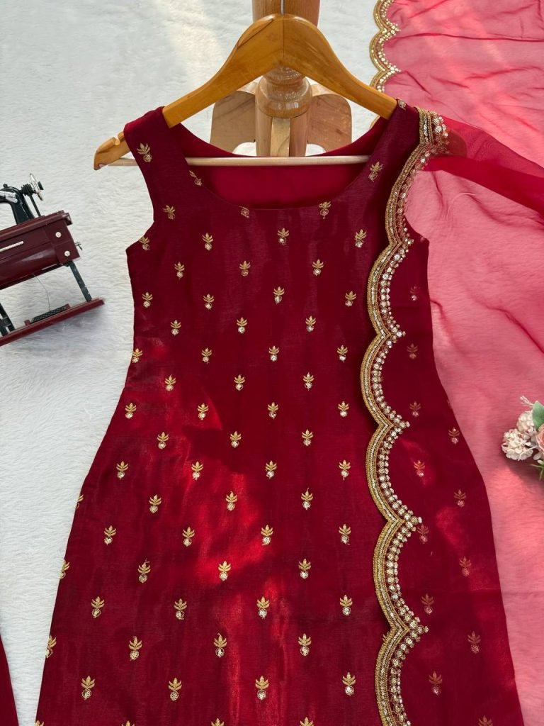 Maroon Roman Glass Thread and Sequence Work Top Pant Set with Organza Silk Dupatta