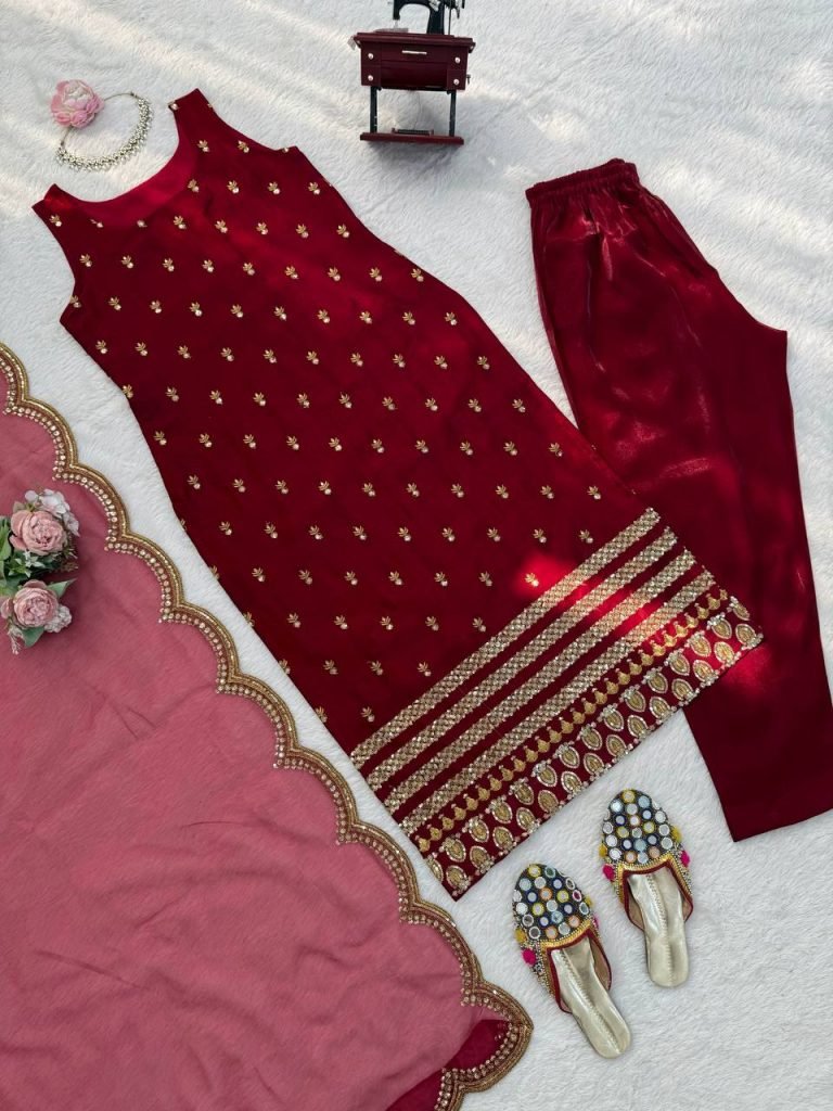 Maroon Roman Glass Thread and Sequence Work Top Pant Set with Organza Silk Dupatta