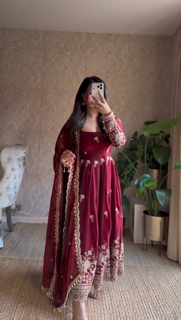 Maroon Fendy Silk Thread and Sequence Work Anarkali Set with Pant and Four-Side Border Dupatta