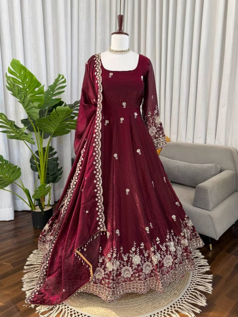 Maroon Fendy Silk Thread and Sequence Work Anarkali Set with Pant and Four-Side Border Dupatta