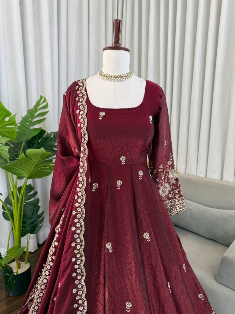 Maroon Fendy Silk Thread and Sequence Work Anarkali Set with Pant and Four-Side Border Dupatta