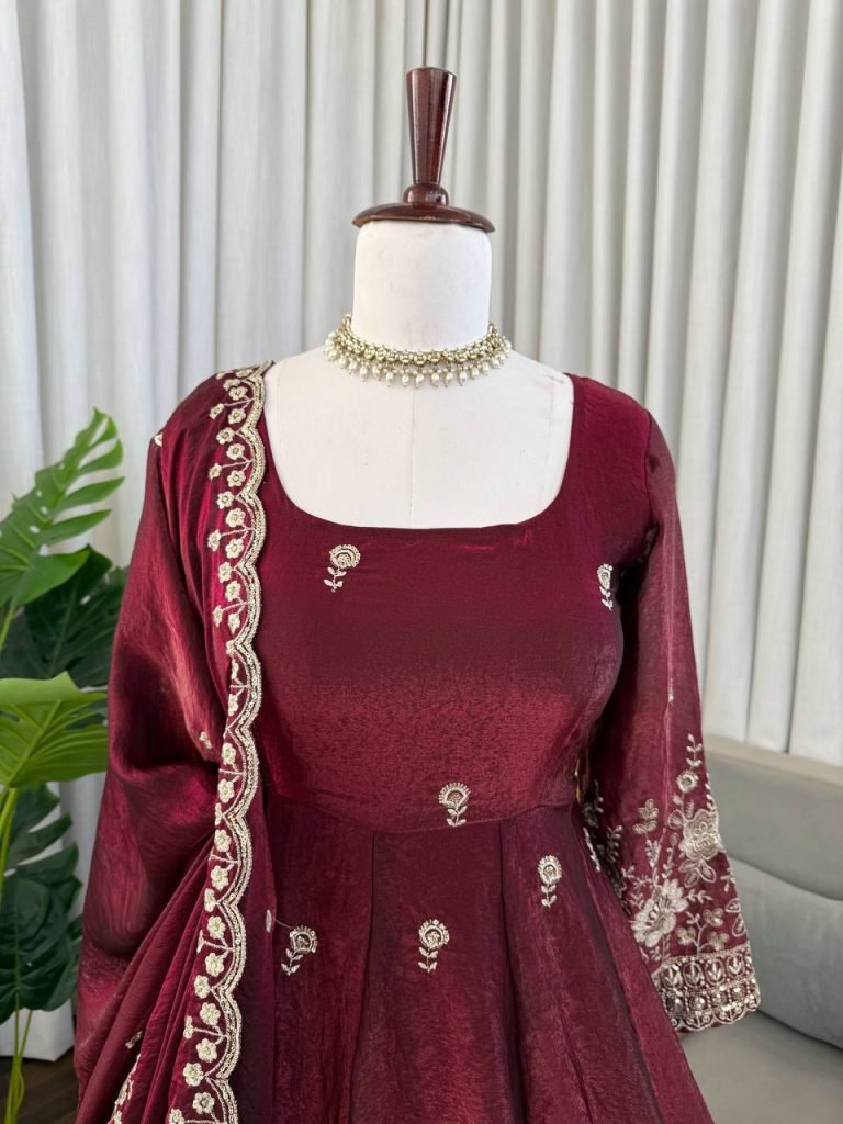 Maroon Fendy Silk Thread and Sequence Work Anarkali Set with Pant and Four-Side Border Dupatta