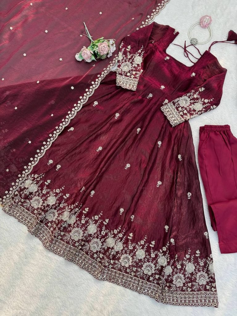 Maroon Fendy Silk Thread and Sequence Work Anarkali Set with Pant and Four-Side Border Dupatta