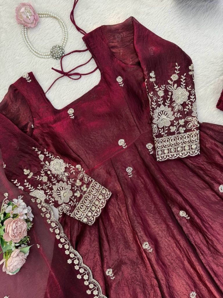 Maroon Fendy Silk Thread and Sequence Work Anarkali Set with Pant and Four-Side Border Dupatta