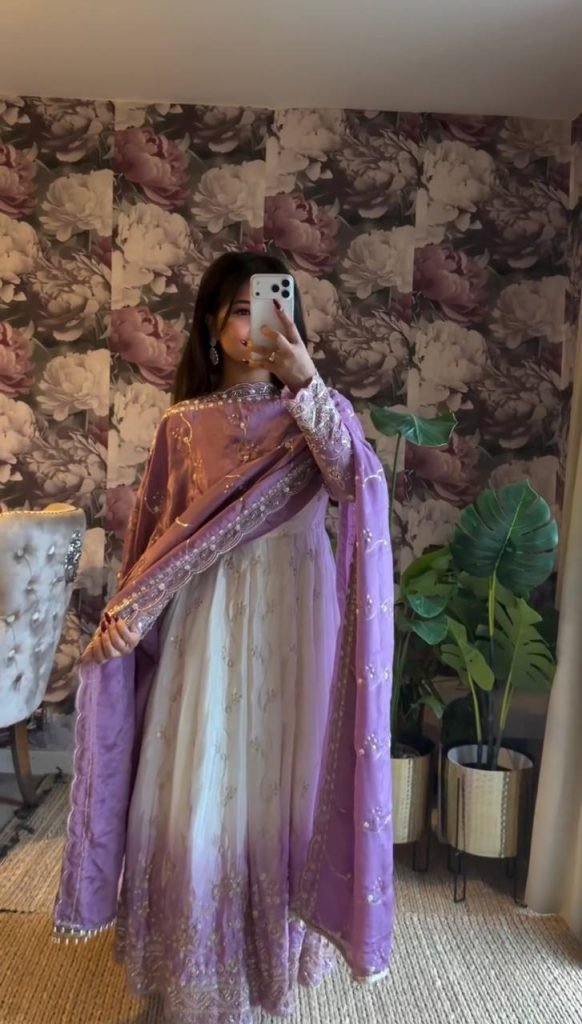 White And Purple Star Georgette Thread and Sequence Work Anarkali Set with Pant and Four-Side Border Dupatta