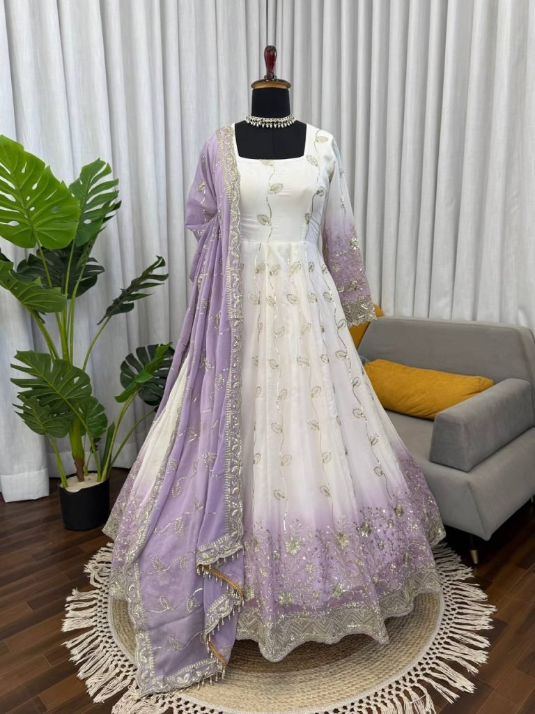 White And Purple Star Georgette Thread and Sequence Work Anarkali Set with Pant and Four-Side Border Dupatta
