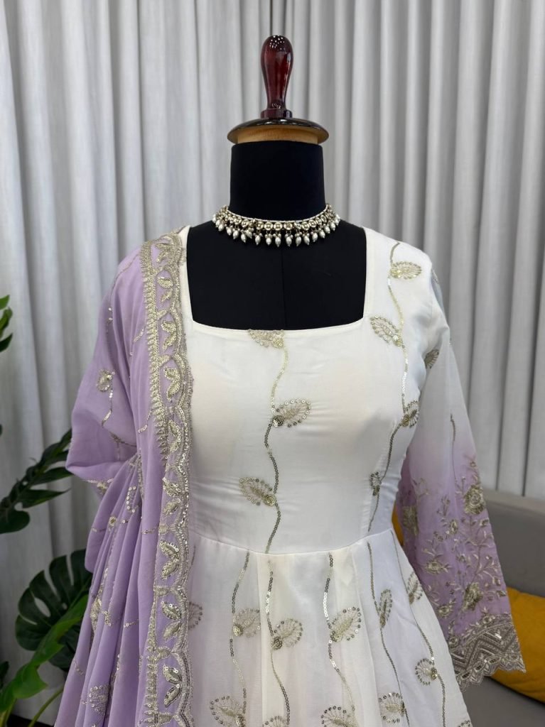 White And Purple Star Georgette Thread and Sequence Work Anarkali Set with Pant and Four-Side Border Dupatta