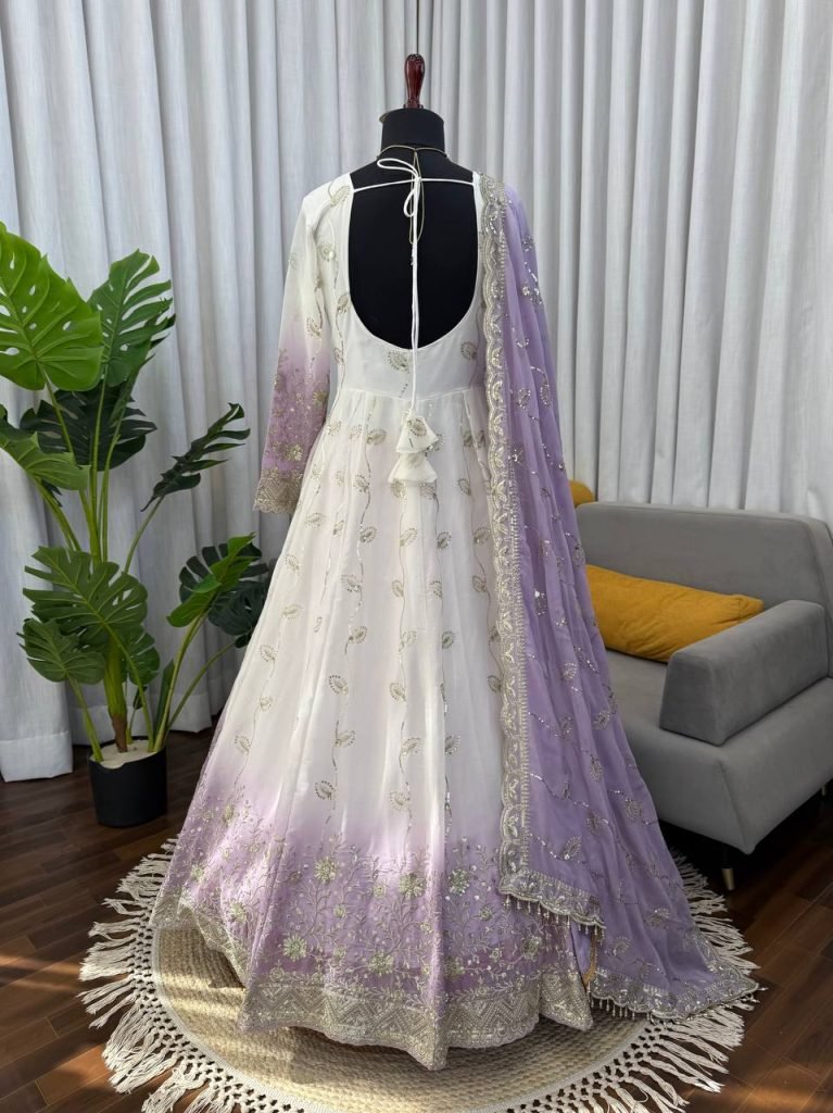 White And Purple Star Georgette Thread and Sequence Work Anarkali Set with Pant and Four-Side Border Dupatta