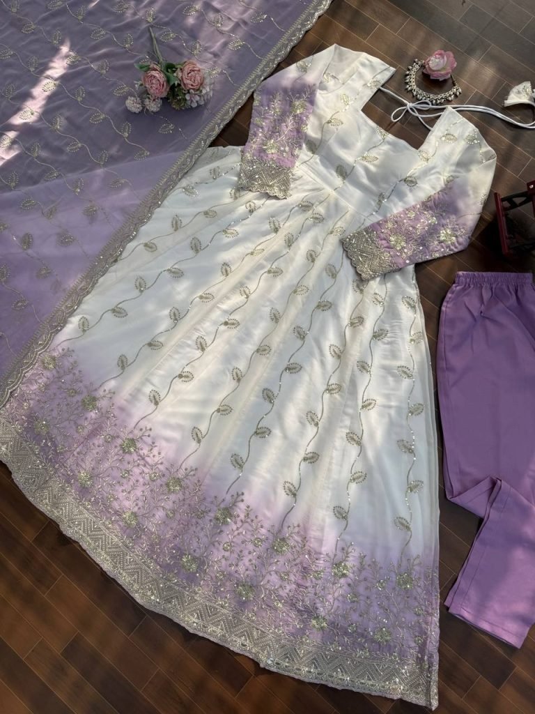White And Purple Star Georgette Thread and Sequence Work Anarkali Set with Pant and Four-Side Border Dupatta