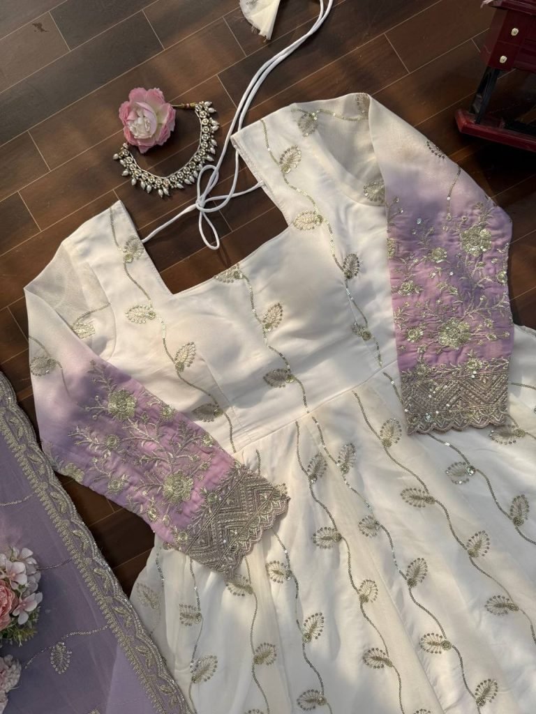 White And Purple Star Georgette Thread and Sequence Work Anarkali Set with Pant and Four-Side Border Dupatta