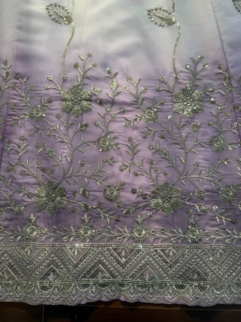 White And Purple Star Georgette Thread and Sequence Work Anarkali Set with Pant and Four-Side Border Dupatta
