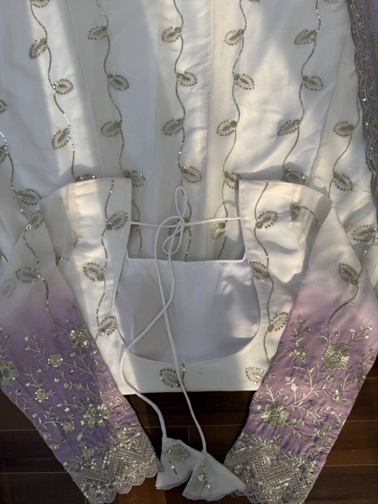White And Purple Star Georgette Thread and Sequence Work Anarkali Set with Pant and Four-Side Border Dupatta