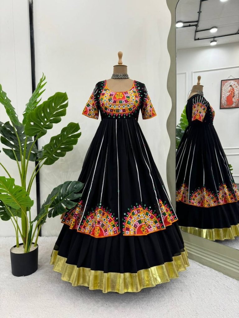 Black Faux Georgette Chinestitch 9mm Sequence Work Top with Semi-Stitched Lehenga